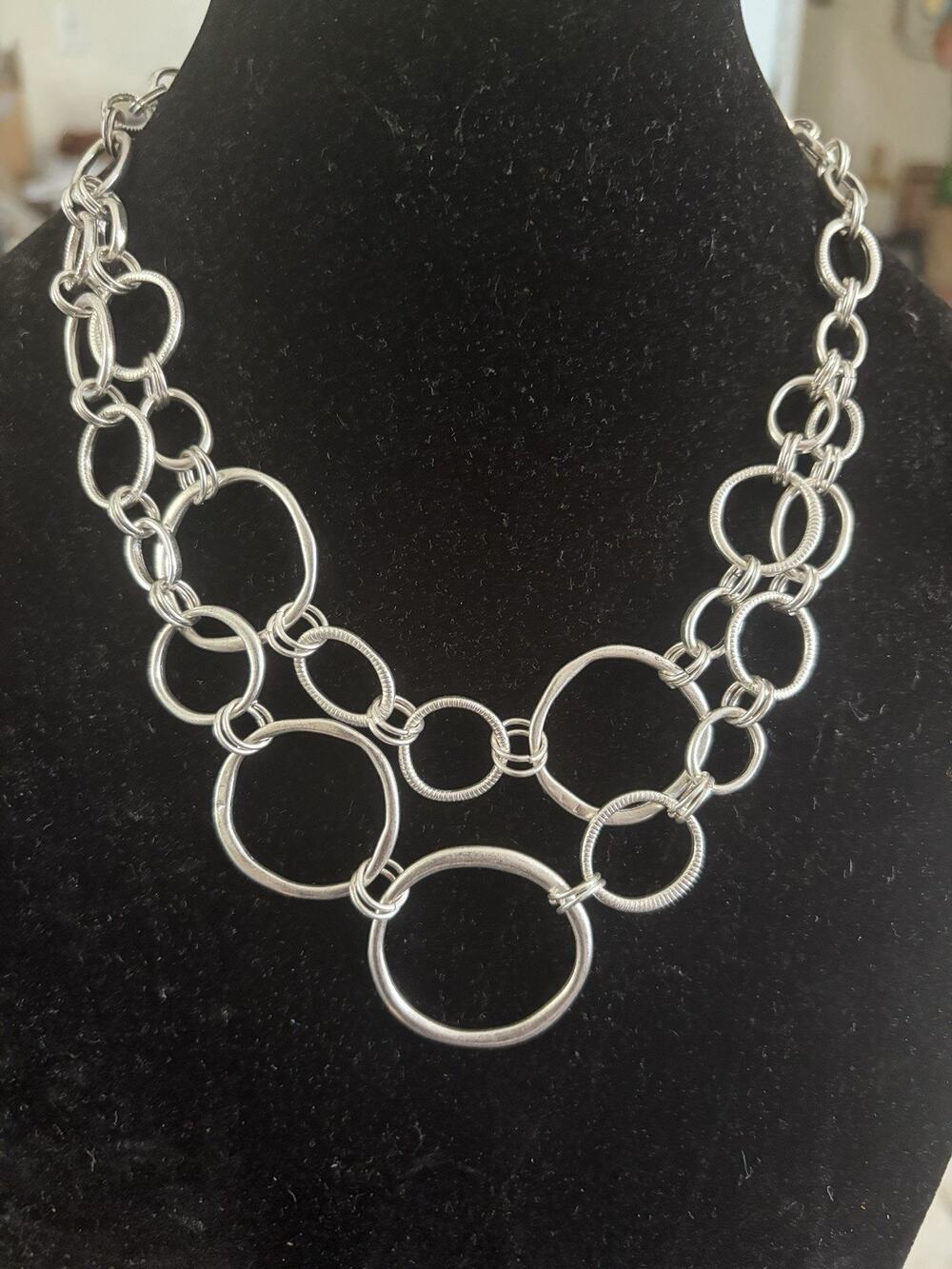 Silver Hammered Metal Ring Double Strand Necklace 23 Inches